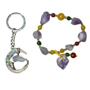 Amethyst & mixed natural stone stretch bracelet with moon & amethyst key chain